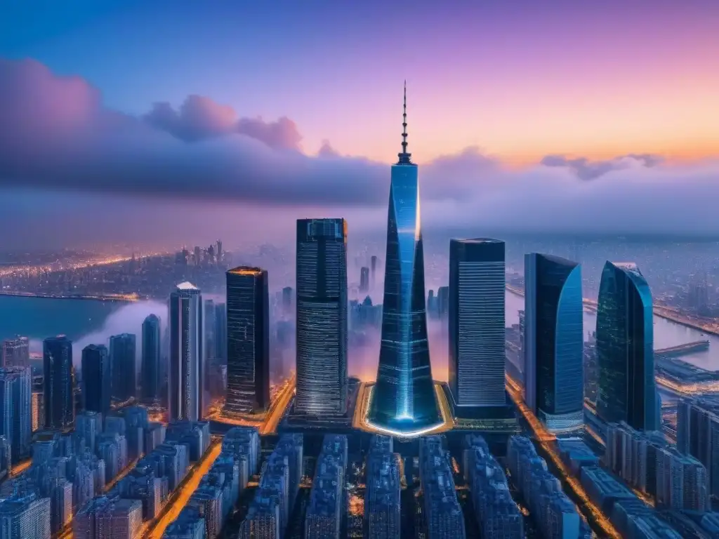 Metrópolis moderna: impacto de fusiones inmobiliarias globales Impresionante fusión de mercado inmobiliario global en una metrópolis moderna de rascacielos luminosos