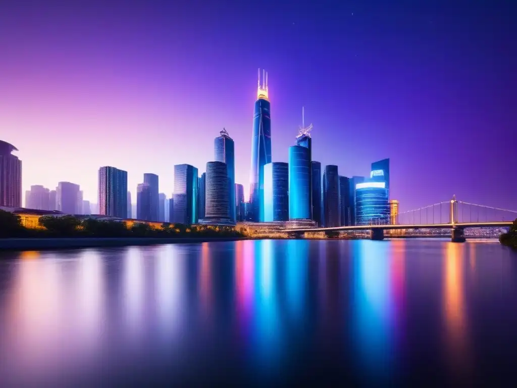 Horizonte futurista: luces neón en río brillante Un impresionante horizonte futurista con rascacielos de vidrio iluminados por luces neón, reflejados en un río sereno al anochecer