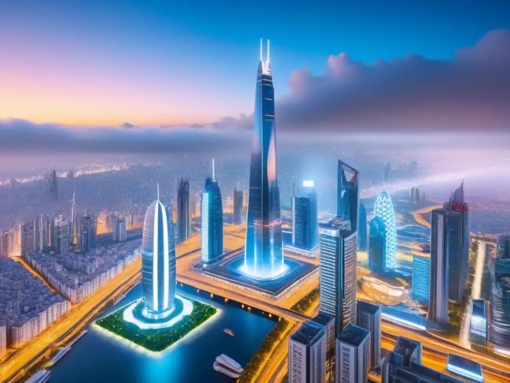 Horizonte futurista: rascacielos en ciudad global Impresionante horizonte de rascacielos futuristas en una ciudad internacional, reflejando la personalización inversión inmobiliaria internacional