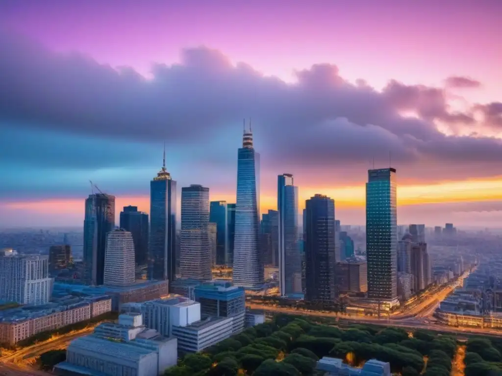 Horizonte urbano al atardecer: mercado inmobiliario global Impresionante horizonte urbano al atardecer, con rascacielos y calles iluminadas por el sol