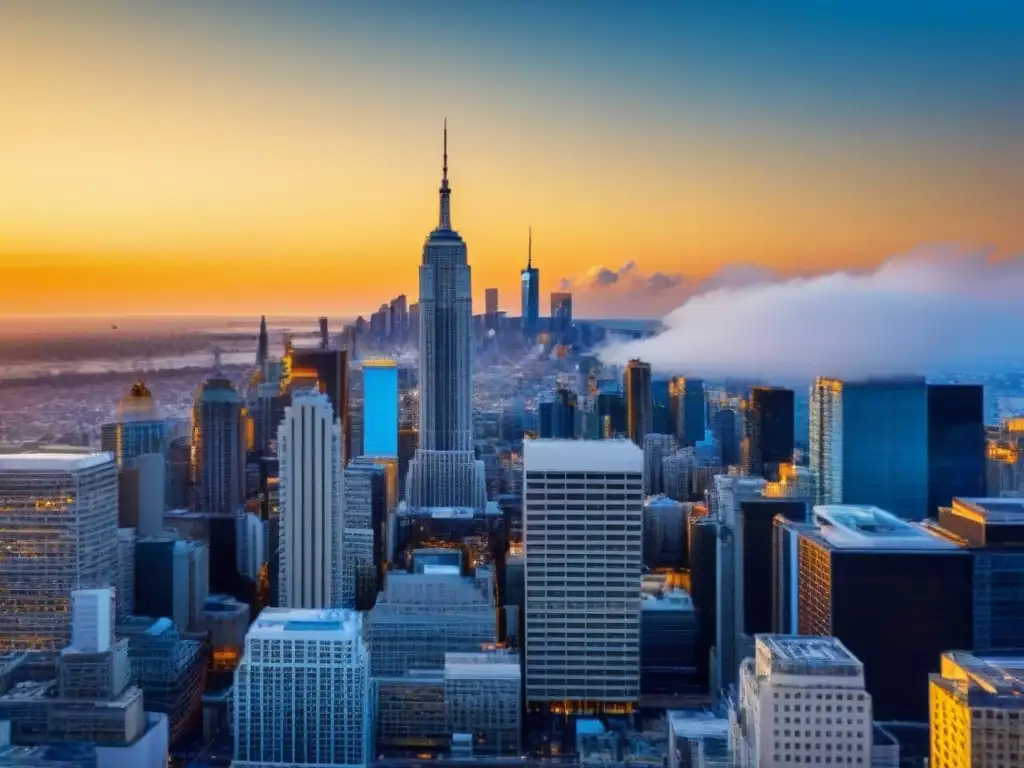 Poder económico global: atardecer en la ciudad Impresionante horizonte urbano con rascacielos reflejando el atardecer dorado, simbolizando el poder económico global y la dominancia corporativa en el ámbito de fusiones y adquisiciones, en un cielo azul con algunas nubes blancas