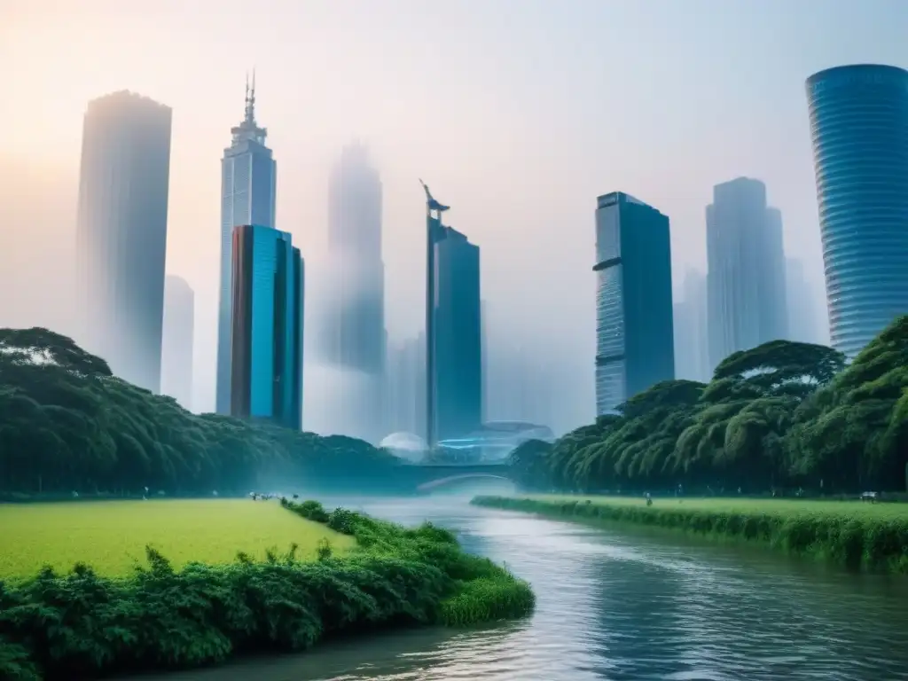Metrópolis innovadora: evolución urbana y modernidad Impresionante horizonte urbano al anochecer con rascacielos brillantes y diseño futurista