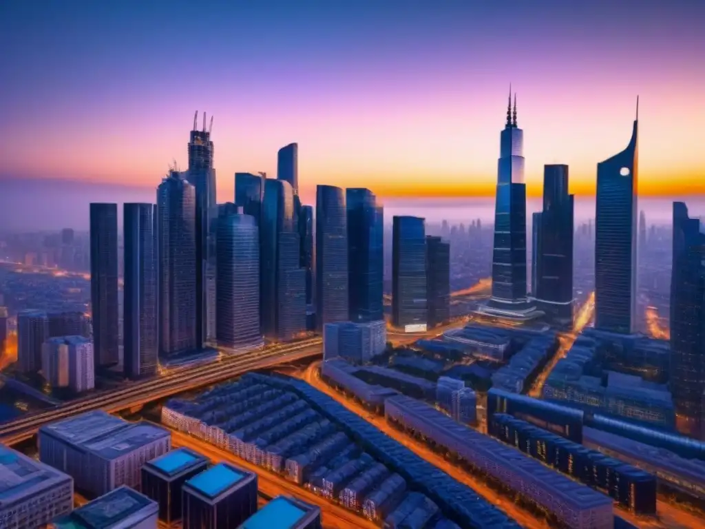 Horizonte urbano moderno en 8k: luces de ciudad al anochecer Impresionante imagen de una ciudad moderna al anochecer, resaltando la importancia de la ubicación en propiedad y seguro