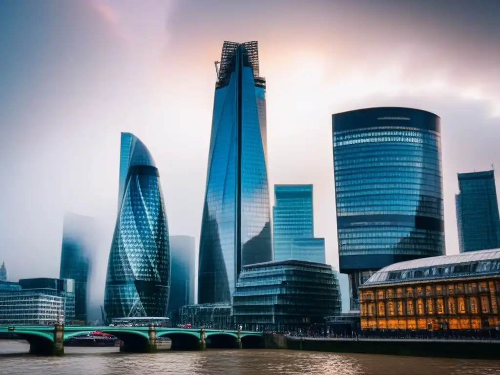 Skyline financiero de Londres: mercado inmobiliario post-Brexit Impresionante imagen de la impactante arquitectura en Londres, reflejando el impacto Brexit mercado inmobiliario