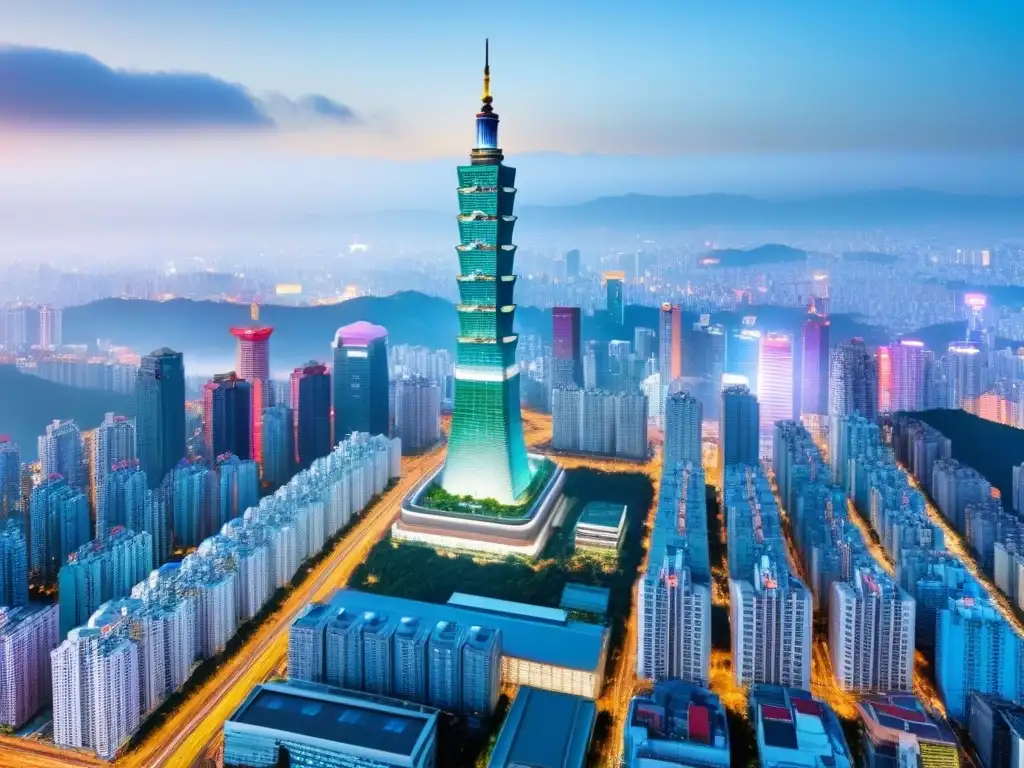 Espléndida imagen 8k de Taipei 101, ícono de la ciudad Impresionante imagen de Taipei 101 en Taiwán, destacando su moderno diseño y altura frente al bullicioso paisaje urbano