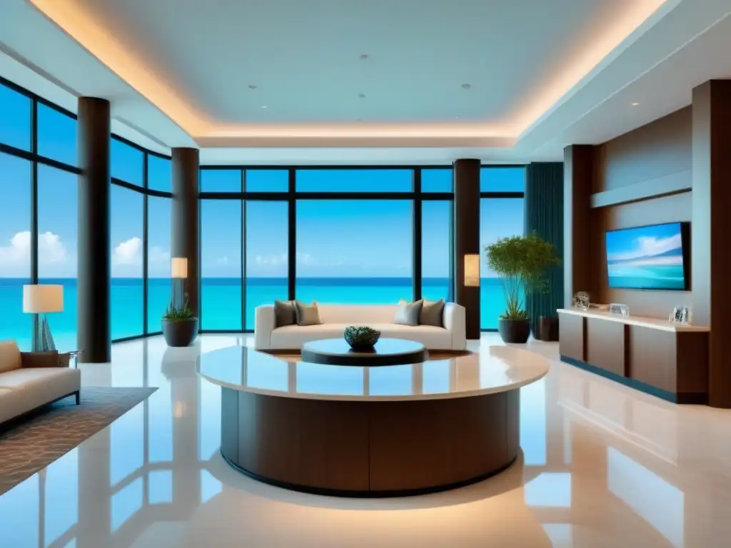 Exclusivo lobby de resort: venta de tiempo compartido frente al mar Impresionante lobby de resort moderno con vista al mar turquesa