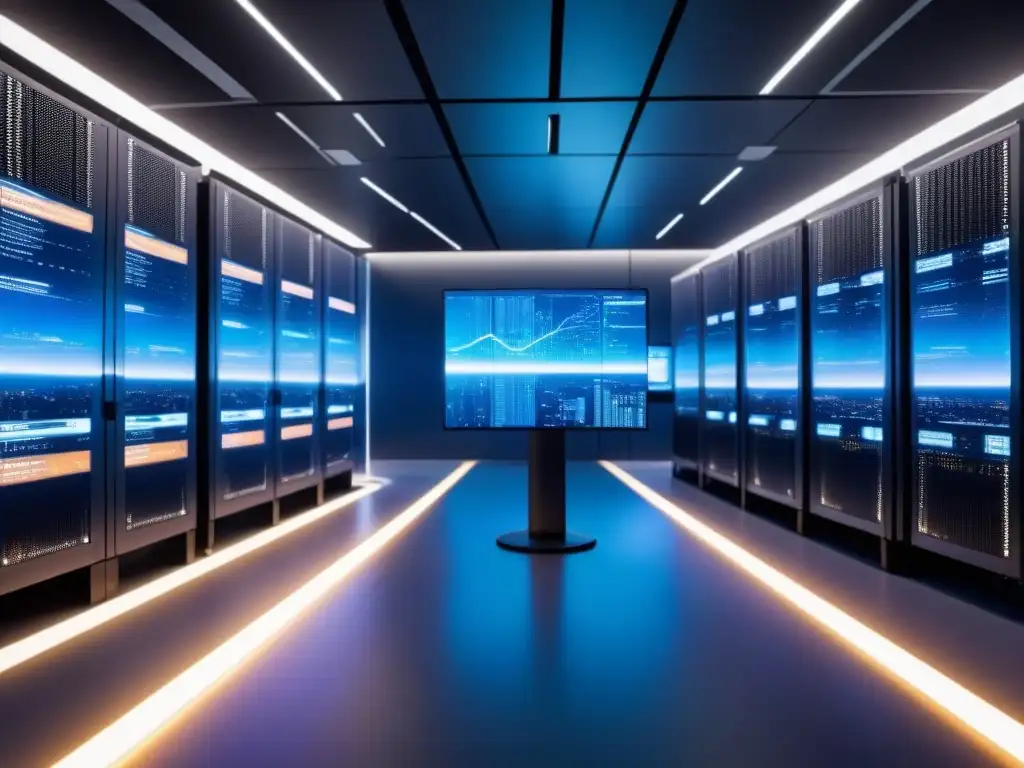 Metrópolis futurista de data centers y tecnología avanzada Un impresionante mercado inmobiliario internacional de centros de datos en una ciudad futurista llena de rascacielos iluminados y pantallas digitales