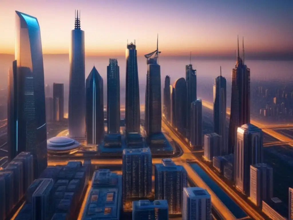 Metrópolis futurista en 8k: innovación y progreso urbano al atardecer Impresionante metrópolis futurista al atardecer, reflejos dorados en rascacielos