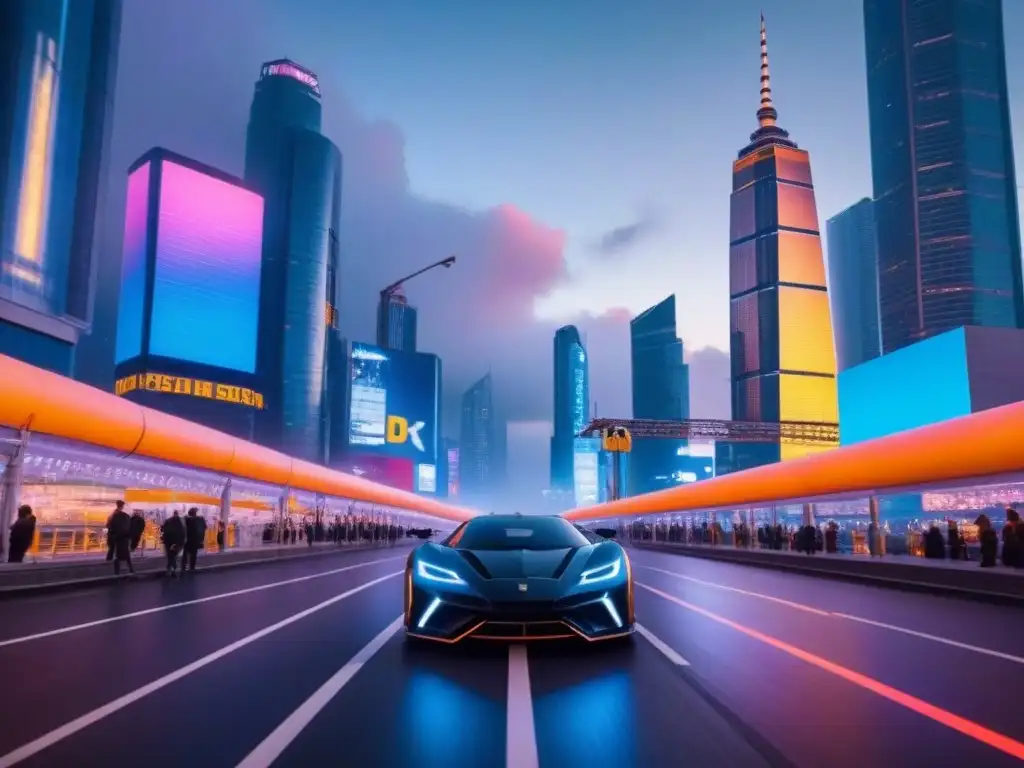 Metrópolis futurista: luces neon, rascacielos y autos voladores Impresionante metrópolis futurista de noche con rascacielos iluminados por luces neón, autos voladores y carteles digitales
