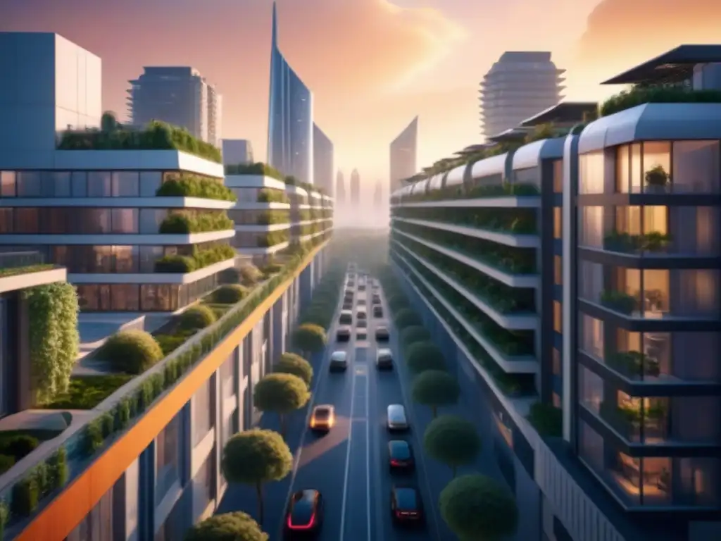 Metrópolis ecoamigable: rascacielos sostenibles y calles vibrantes Impresionante metrópolis futurista con rascacielos sostenibles, energía renovable y naturaleza en balcones