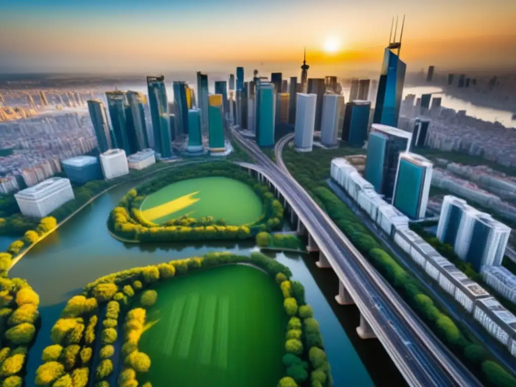 Vista aérea detallada de una ciudad vibrante y serena Un impresionante paisaje urbano detallado con rascacielos modernos y edificios tradicionales, rodeado de vegetación exuberante y agua, al atardecer
