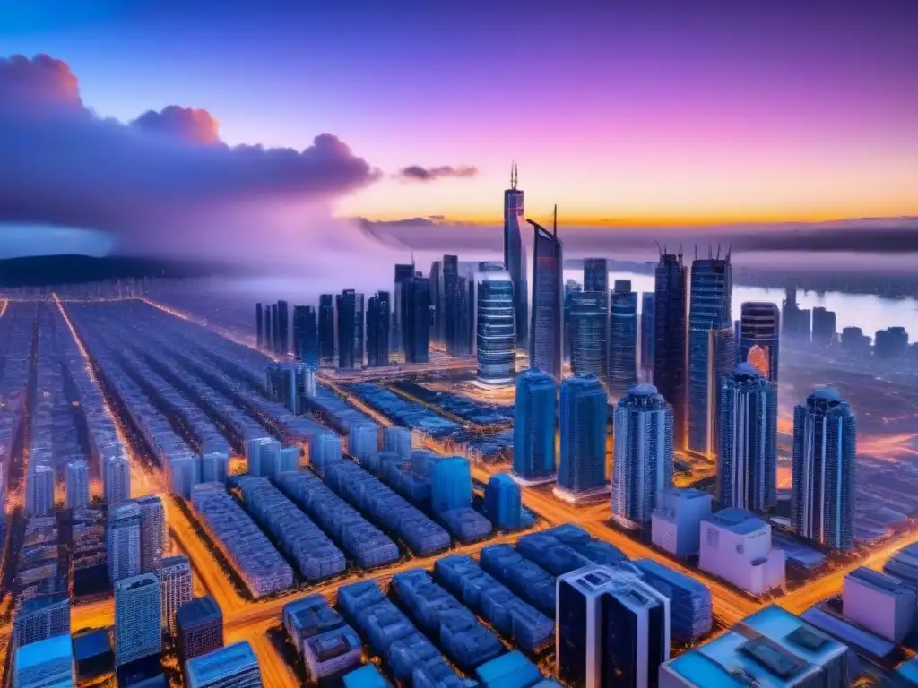 Horizonte futurista al atardecer: metrópolis innovadora y próspera Un impresionante paisaje urbano futurista al atardecer, con rascacielos, calles bulliciosas y luces de neón
