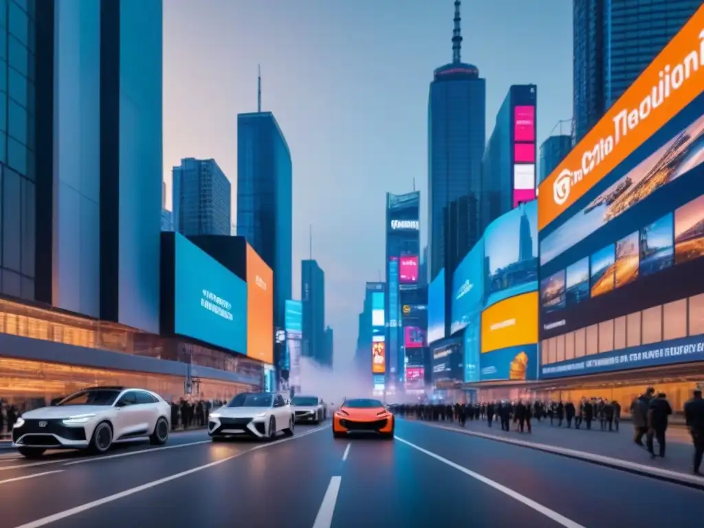 Metrópolis futurista: fusión tecnológica y humana en bienes raíces Un impresionante paisaje urbano futurista al anochecer, fusionando tecnología y humanidad