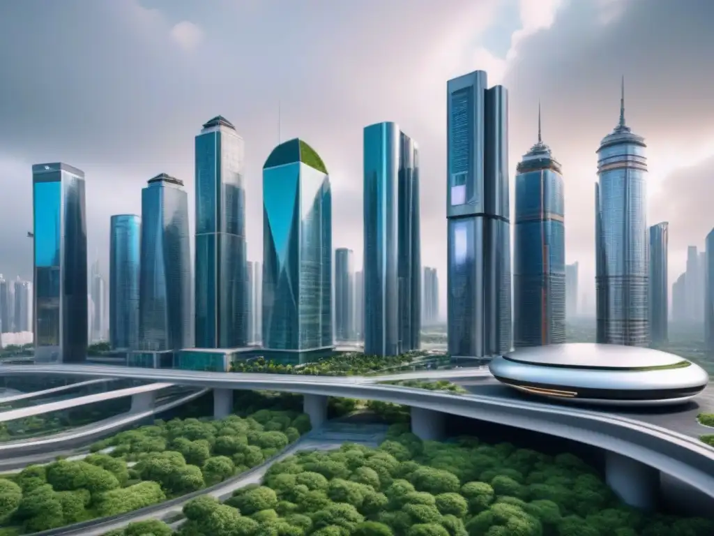 Futurista ciudad AI: rascacielos, vehículos autónomos y drones Impresionante paisaje urbano futurista con inteligencia artificial en evaluaciones inmobiliarias