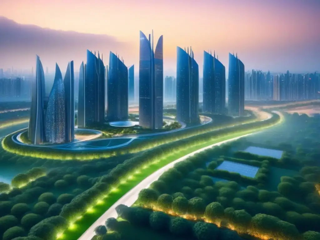 Metrópolis futurista: mezcla de tecnología y naturaleza Un impresionante paisaje urbano futurista con arquitectura sostenible y parques verdes, ideal para Invertir en bienes raíces internacionales