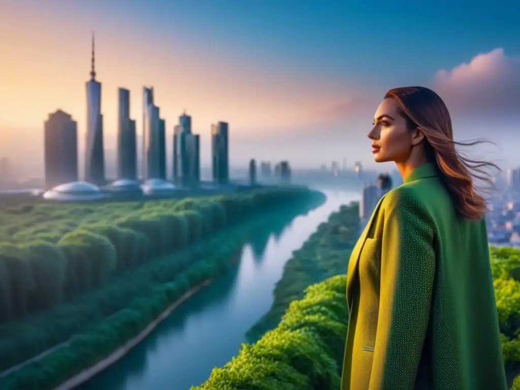 Metrópolis futurista: torres doradas al atardecer Impresionante paisaje urbano futurista con rascacielos reflectantes en un atardecer dorado, rodeado de vegetación y un río serpenteante