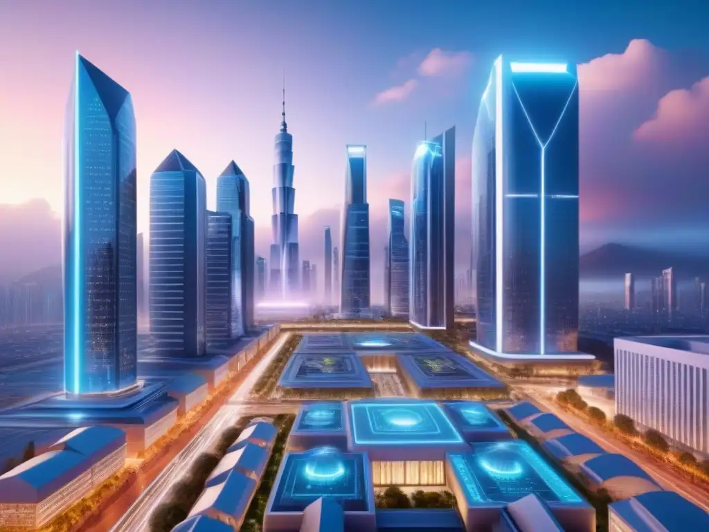 Metrópolis futurista: AI en la inversión inmobiliaria Un impresionante paisaje urbano futurista con tecnología de IA para inversionistas inmobiliarios