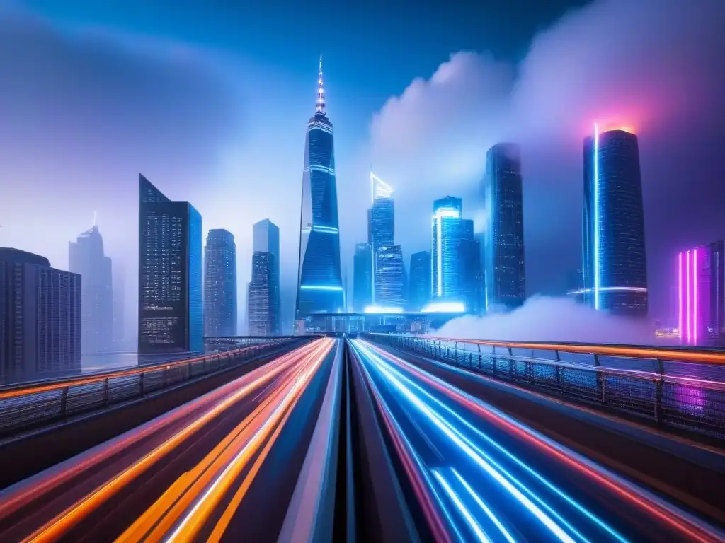 Metrópolis futurista: luces neon y tecnología de vanguardia Un impresionante paisaje urbano futurista de una ciudad de noche, con rascacielos iluminados por luces neón