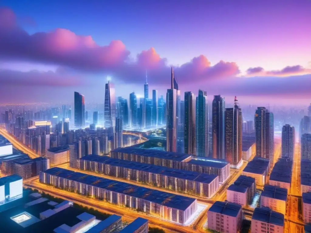 Futurismo urbano: ciudad 8k con IA y luces neón Un impresionante paisaje urbano futurista con rascacielos, luces neón y tecnología avanzada