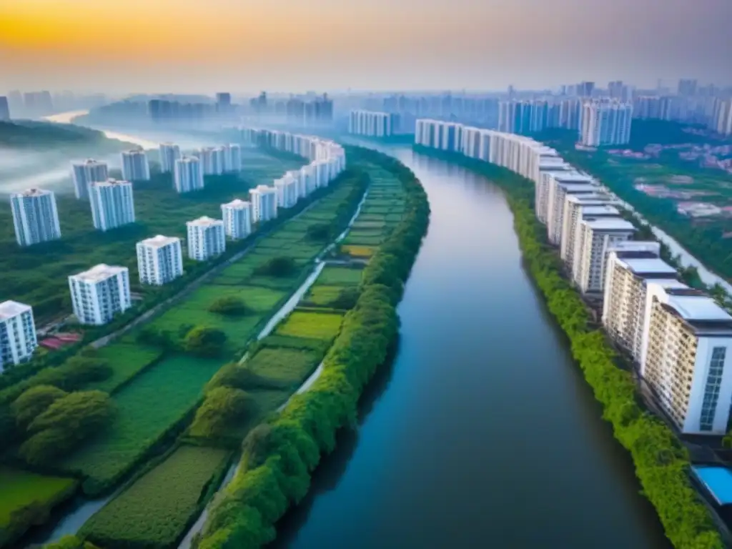 Residencial de lujo entre naturaleza y río: atardecer elegante Un impresionante paisaje urbano de lujo en armonía con la naturaleza, reflejando el impacto migración mercado inmobiliario