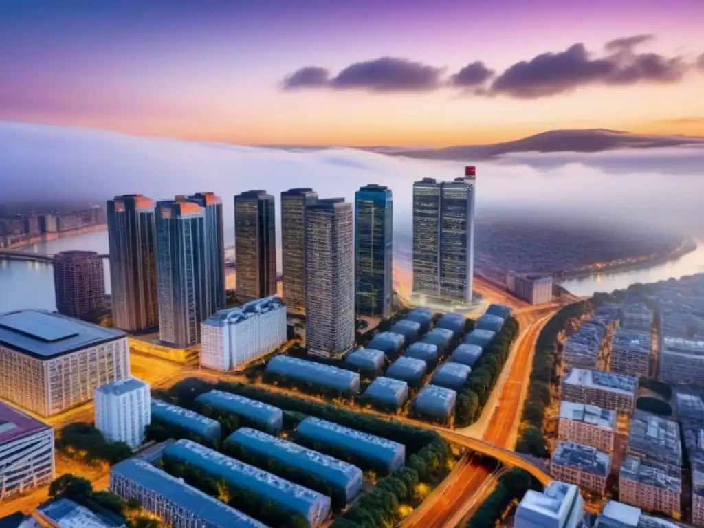 Espectacular vista aérea urbana al anochecer Un impresionante paisaje urbano moderno al atardecer con edificios iluminados y calles concurridas, ideal para inversionistas inmobiliarios