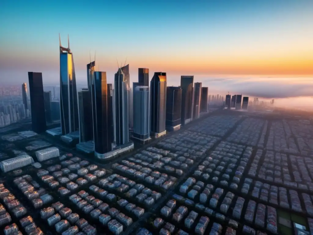 Inversión inmobiliaria: descubre tu futuro en la ciudad Un impresionante paisaje urbano con rascacielos imponentes y calles vibrantes, ideal para iniciarse en la due diligence inmobiliaria
