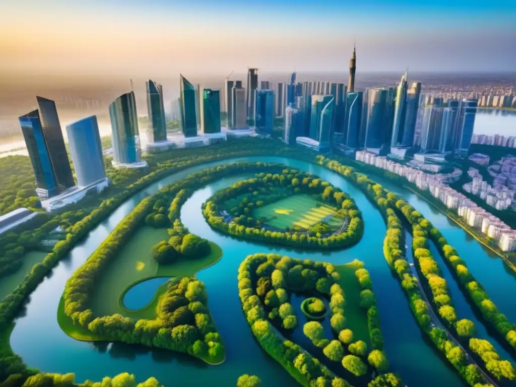 Metrópolis moderna: ética en inversiones inmobiliarias internacionales Un impresionante paisaje urbano con rascacielos modernos y parques verdes, ríos azules serpenteantes