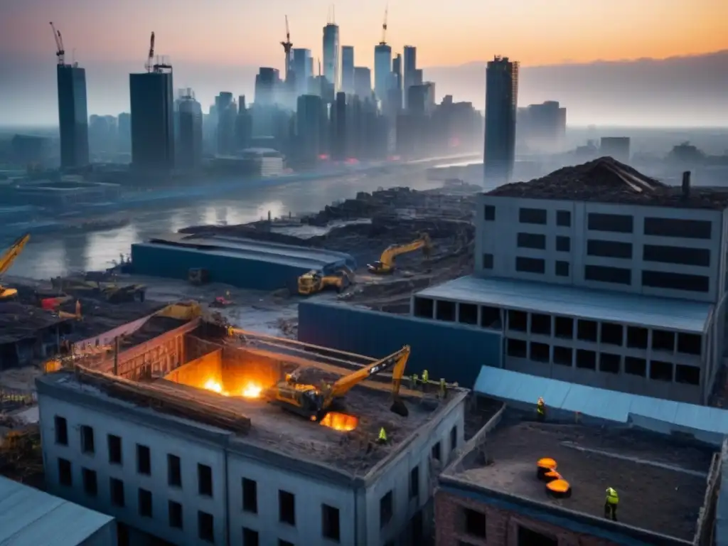 Reconstrucción urbana: ciudad postdesastre en plena renovación Impresionante panorama aéreo de una ciudad postdesastre, con edificios dañados y reconstruidos, trabajadores y grúas