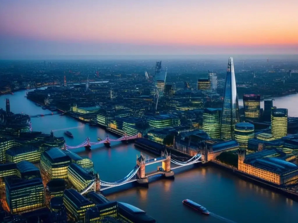 Horizonte de Londres al atardecer: un paisaje urbano resiliente post-Brexit Impresionante panorama de Londres al atardecer, con el impacto del Brexit en el mercado inmobiliario