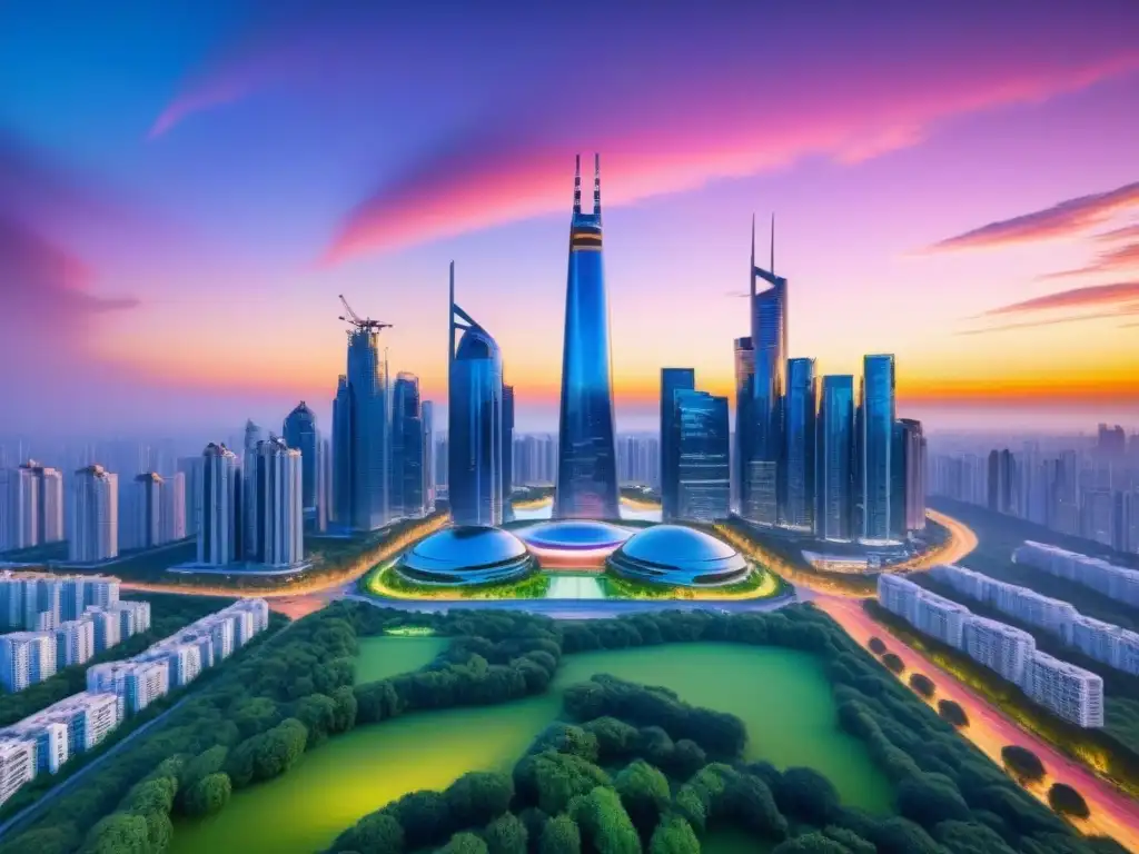 Horizonte futurista: ciudades innovadoras en la era postCOVID Impresionante panorama postCOVID: ciudad futurista con rascacielos modernos y tecnología integrada en un portafolio inmobiliario internacional
