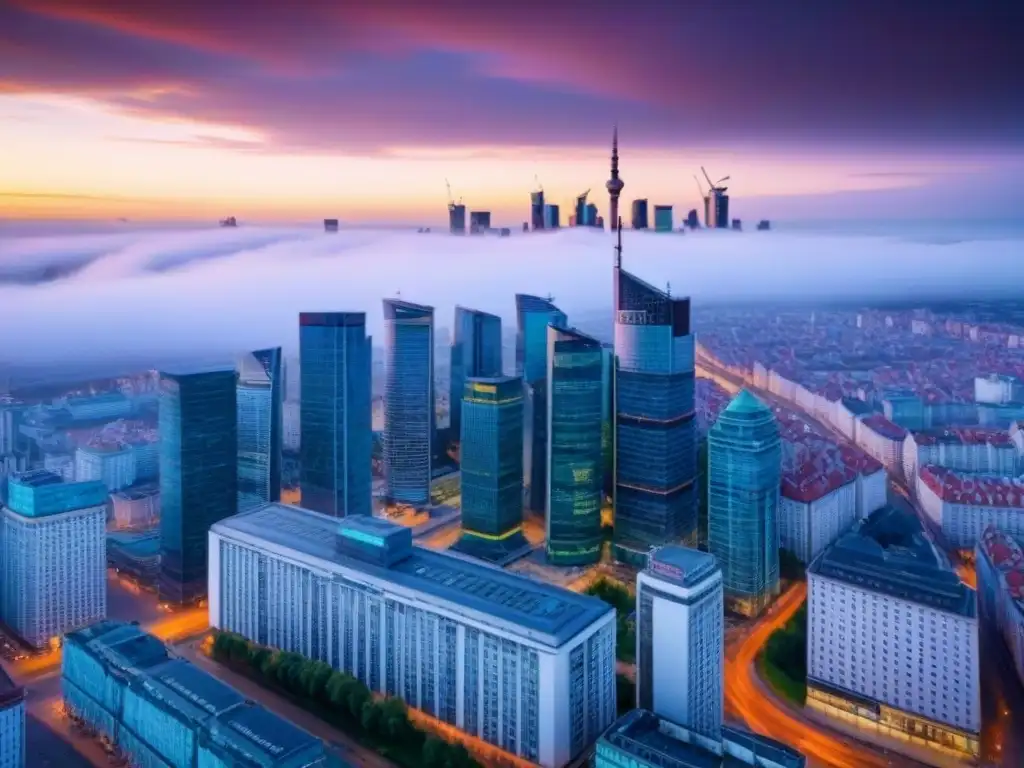 Panorama único de Varsovia: arquitectura moderna y tradicional al atardecer Impresionante panorama urbano de Varsovia, Polonia al atardecer