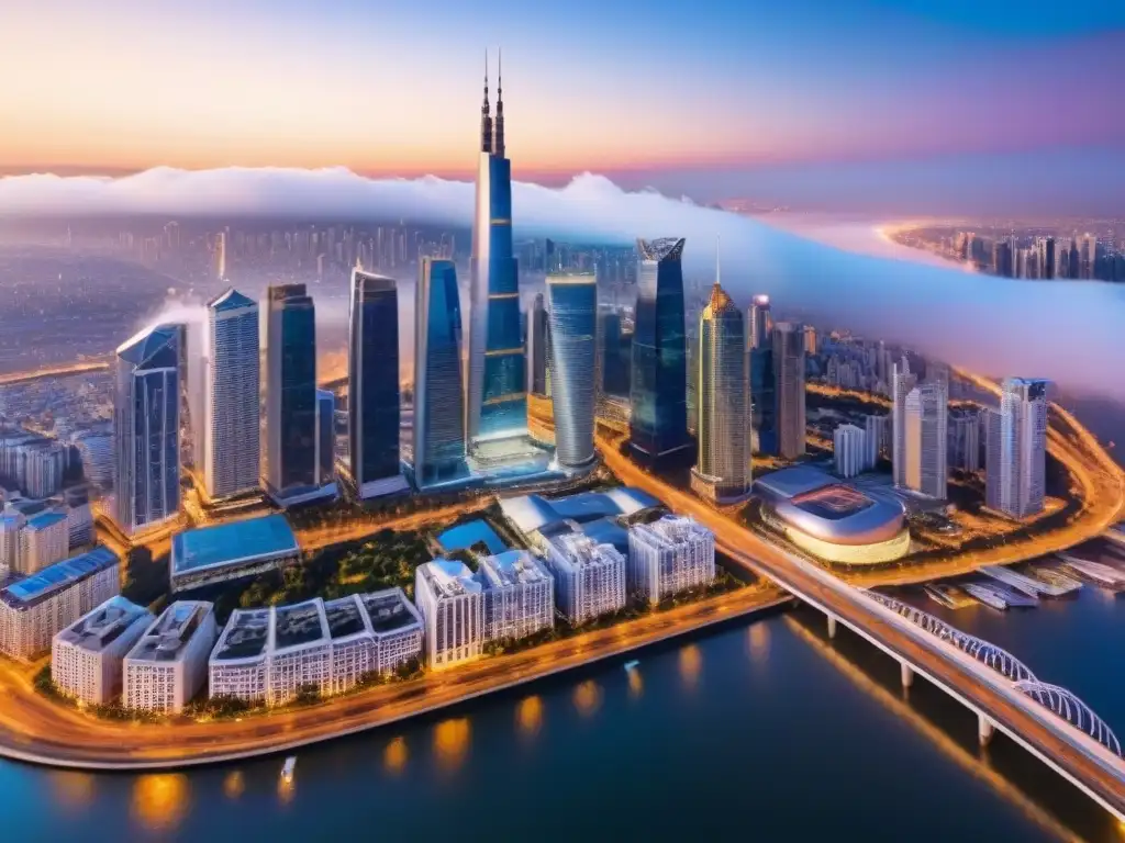 Metrópolis global: impacto de la globalización en precios de bienes raíces Impresionante panorama urbano al atardecer, reflejando el impacto de la globalización en los precios inmobiliarios