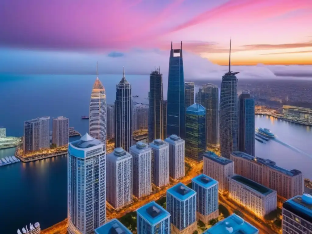 Espectacular ciudad al atardecer: modernidad y tradición Un impresionante panorama urbano diverso al anochecer, con rascacielos modernos y edificios históricos iluminados por luces cálidas