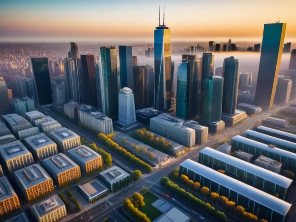 Metrópolis dorada: impacto de políticas urbanas en desarrollo inmobiliario Impresionante panorama urbano dorado de una metrópoli vibrante, reflejando el impacto de políticas urbanas en desarrollos inmobiliarios y áreas verdes