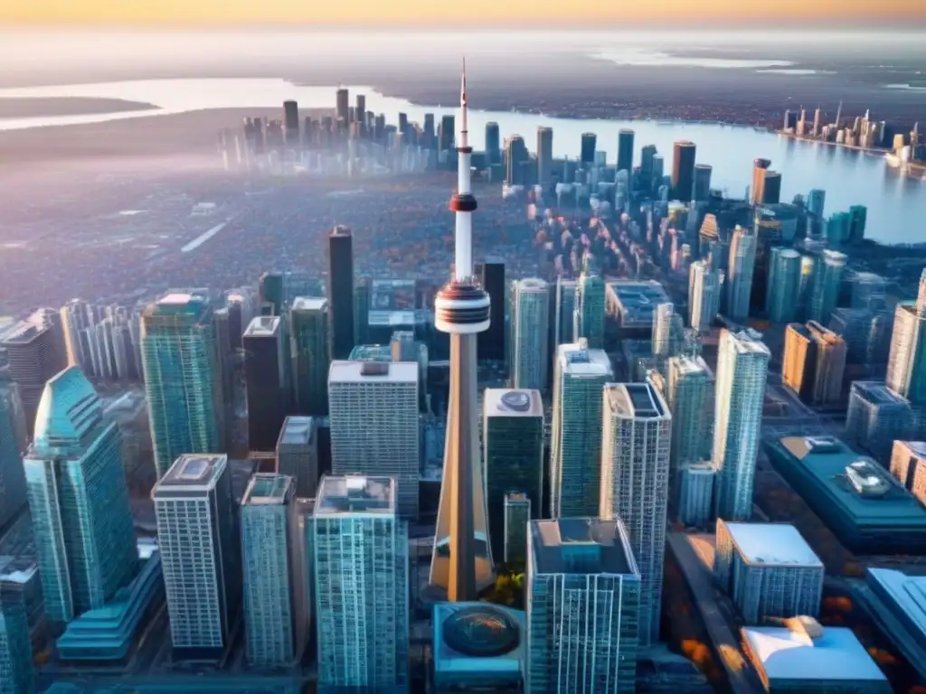 CN Tower y rascacielos en Toronto: vibrante mercado inmobiliario canadiense Impresionante panorama urbano de Toronto, Canadá, con la emblemática CN Tower entre rascacielos modernos