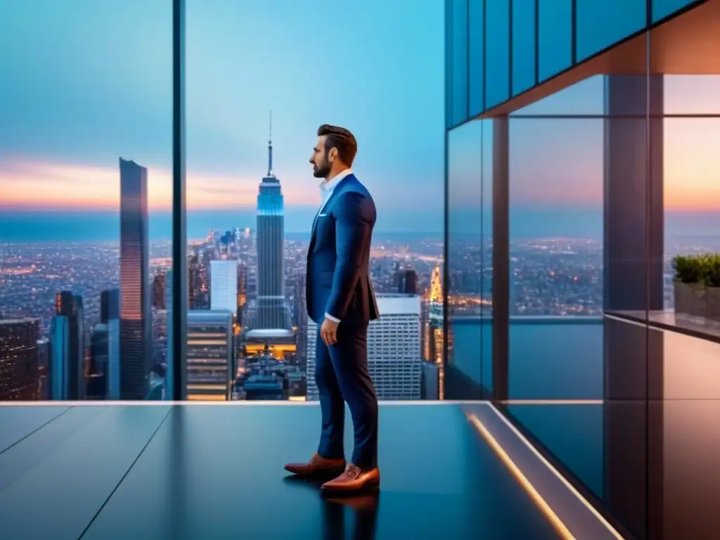 Inversión inmobiliaria: edificio moderno en la ciudad al atardecer Impresionante propiedad comercial moderna con vidrio reflectante, fondo de ciudad y gran potencial de inversión