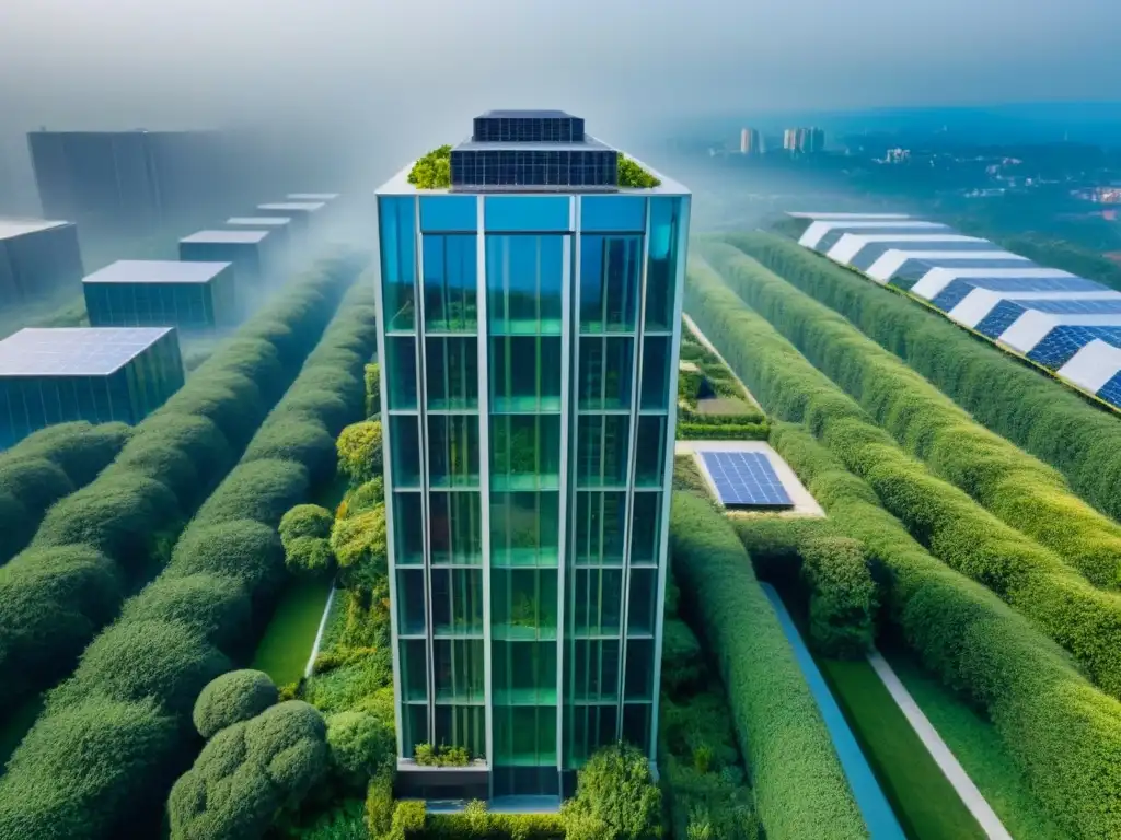 Rascacielos LEED rodeado de naturaleza: arquitectura sostenible y moderna Un impresionante rascacielos certificado LEED rodeado de exuberante vegetación, integrando arquitectura moderna y diseño sostenible