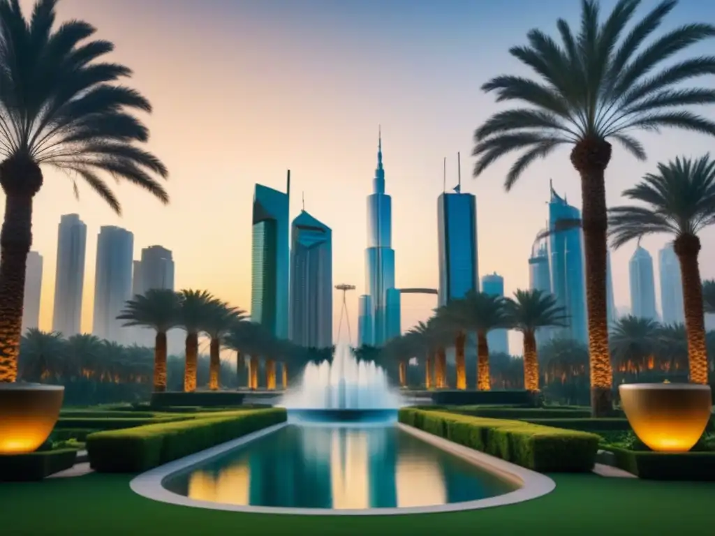Rascacielos de lujo en ciudad árabe: arquitectura moderna y tradicional Impresionante rascacielos en ciudad de Oriente Medio, reflejando la puesta de sol