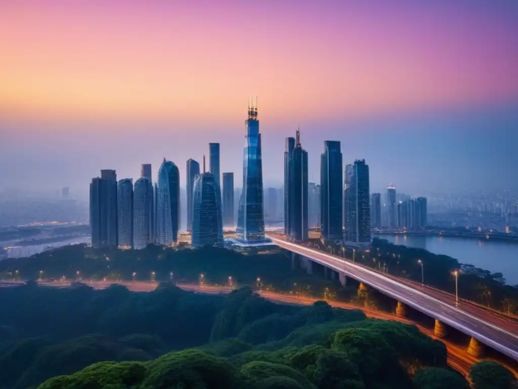 Rascacielos de lujo en ciudad vibrante al atardecer Un impresionante rascacielos en ciudad vibrante al atardecer, reflejando luces cálidas