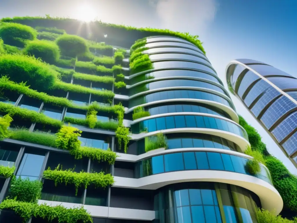 Un impresionante rascacielos ecológico rodeado de vegetación, con paneles solares relucientes y diseño sostenible