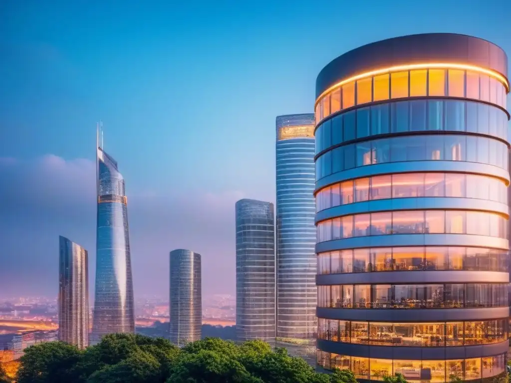 Rascacielos futurista en Europa del Este: innovación y modernidad en 8k Impresionante rascacielos futurista en una ciudad de Europa del Este, reflejando modernidad y transformación arquitectónica