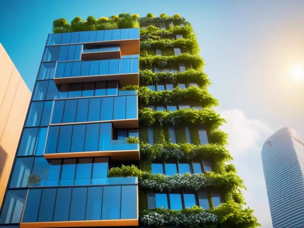 Rascacielos futurista sostenible con jardín vertical Impresionante rascacielos futurista con diseño de jardín vertical y paneles solares, ideal para inversores internacionales en construcción sostenible