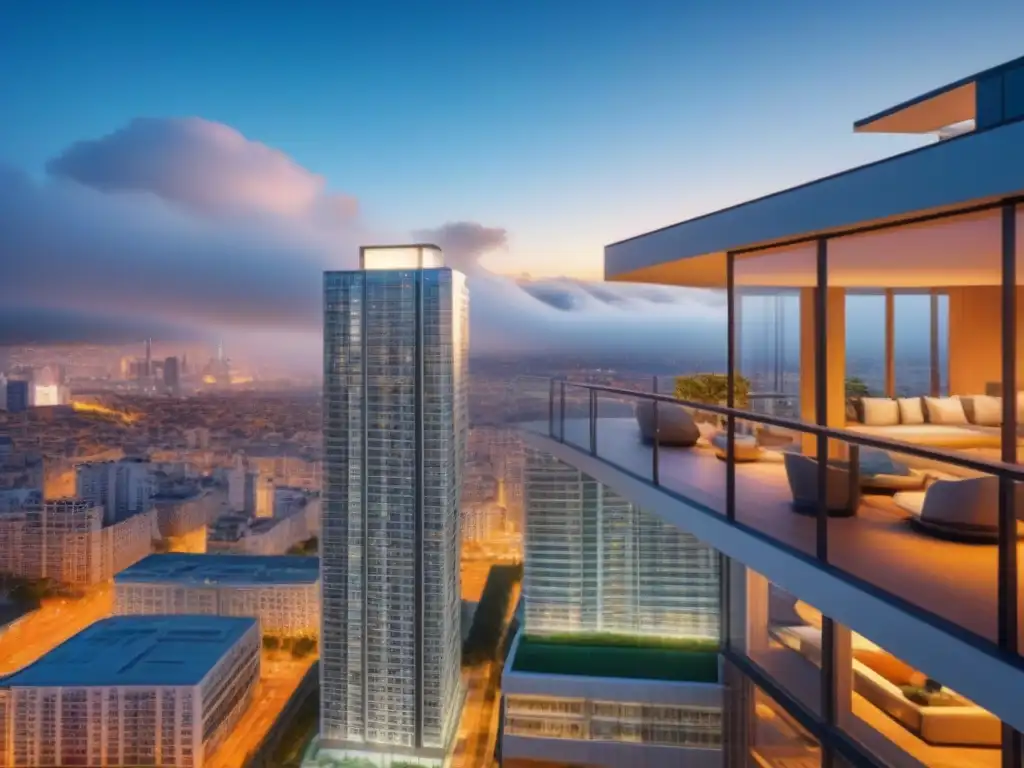 Edificio futurista en metrópolis vibrante Impresionante rascacielos futurista con vibrante ciudad al fondo