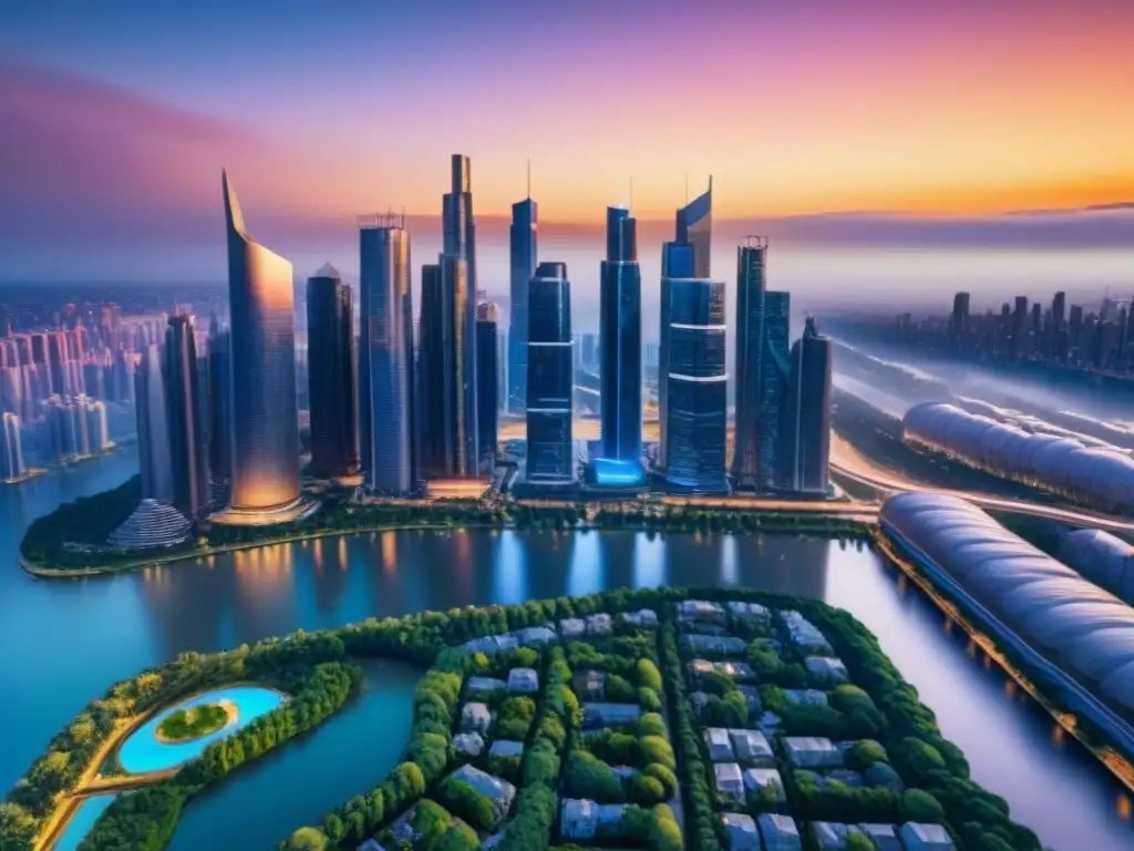 Horizonte futurista al atardecer: metrópolis innovadora en 8K Impresionante skyline postfusión, con rascacielos futuristas reflejando el atardecer, rodeados de vegetación