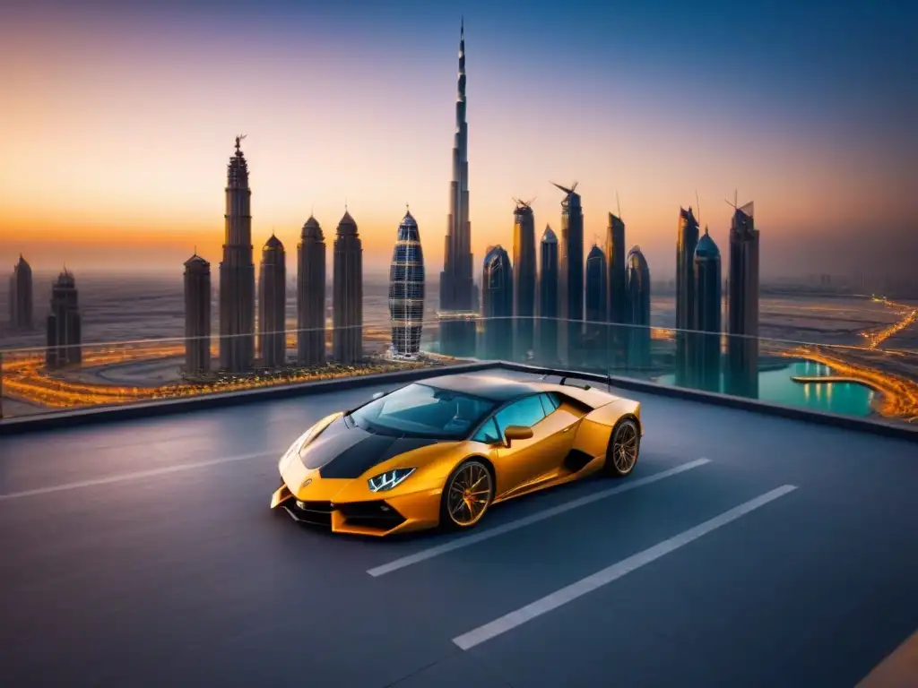 Rascacielos de lujo en Dubai al atardecer Impresionante rascacielos de lujo en Dubái con elementos tradicionales y diseño futurista, rodeado de rascacielos reflejando el sol