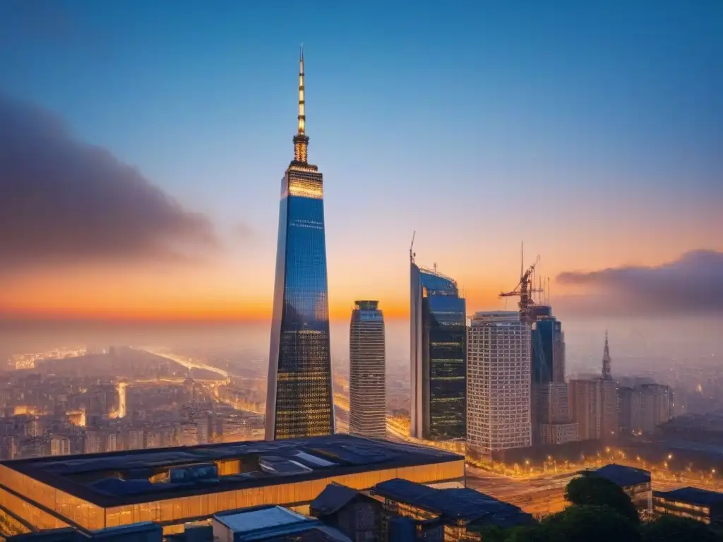 Esplendor urbano: rascacielos moderno al atardecer Impresionante rascacielos moderno en ciudad de noche, reflejando el sol y luces