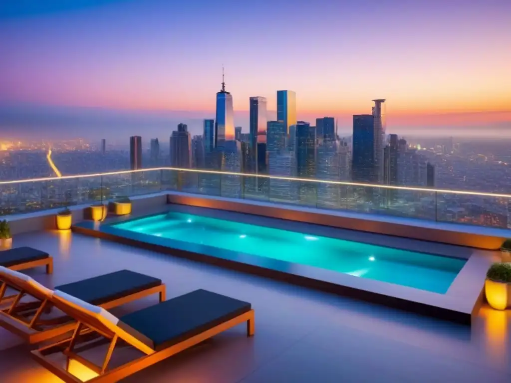 Rascacielos de lujo en Latinoamérica con terraza y piscina al atardecer Impresionante rascacielos moderno en Latinoamérica para inversionistas inmobiliarios internacionales