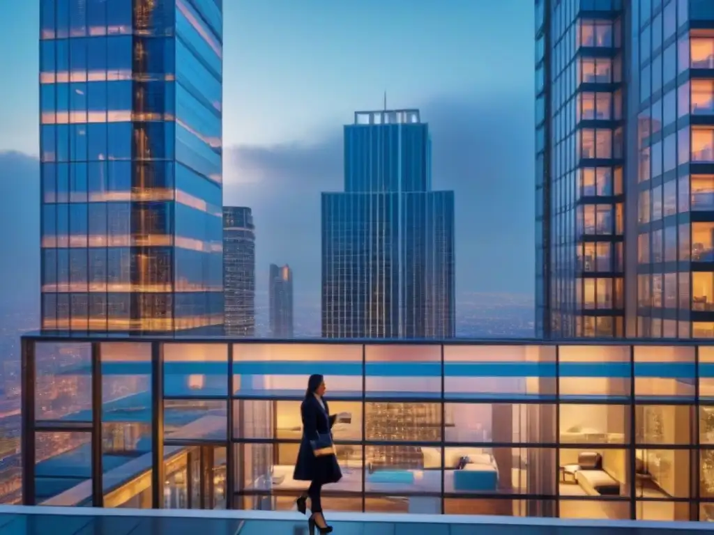 Edificio de lujo al anochecer: modernidad y sofisticación Impresionante rascacielos moderno reflejando luces de la ciudad al anochecer, ideal para 'Errores fatales influencers marketing inmobiliario'