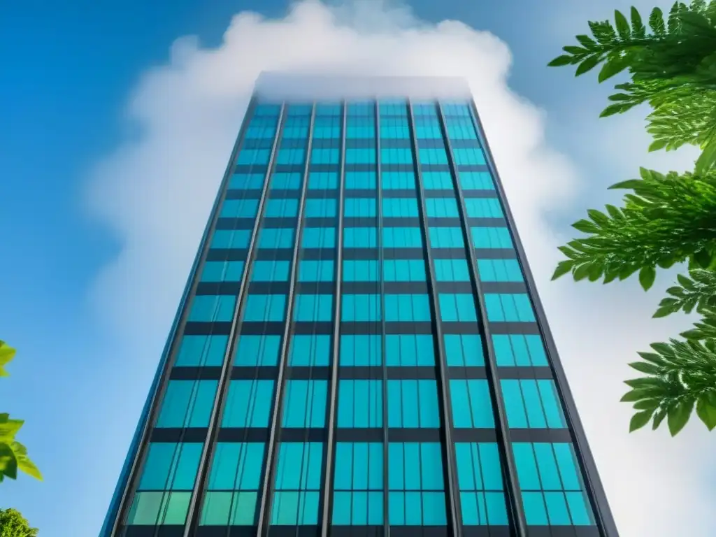 Arquitectura contemporánea en entorno natural: seguro y estable Impresionante rascacielos moderno rodeado de exuberante vegetación, reflejando el cielo azul