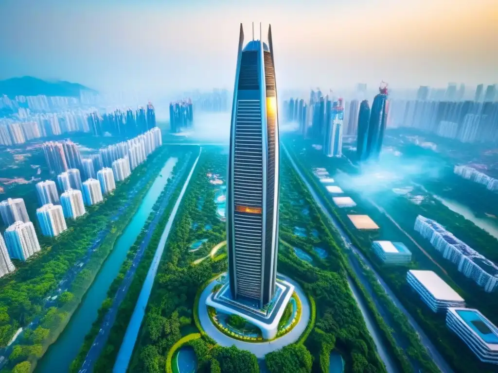 Rascacielos de lujo en ciudad asiática: diseño moderno y exclusividad Impresionante rascacielos residencial de lujo en Asia, con diseño arquitectónico único y vistas panorámicas